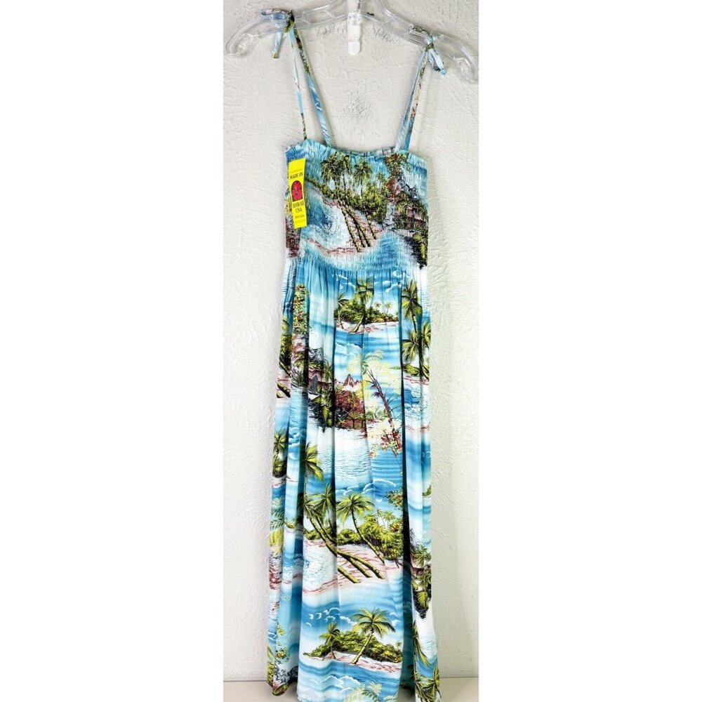 VTG RJC-Hawaii Made-Small Long Blue Dress Tropical Island Print 100% Rayon NWT